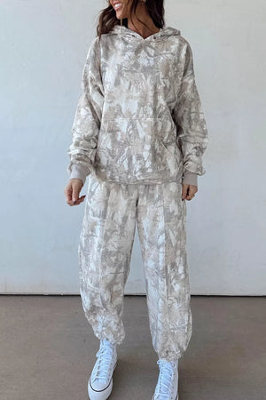 Multicolour Abstract Print Long Sleeve Pant Set in Light Gray, front view