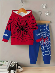 Baby Spider Web Hoodie and Pants Set in red and blue with spider web print