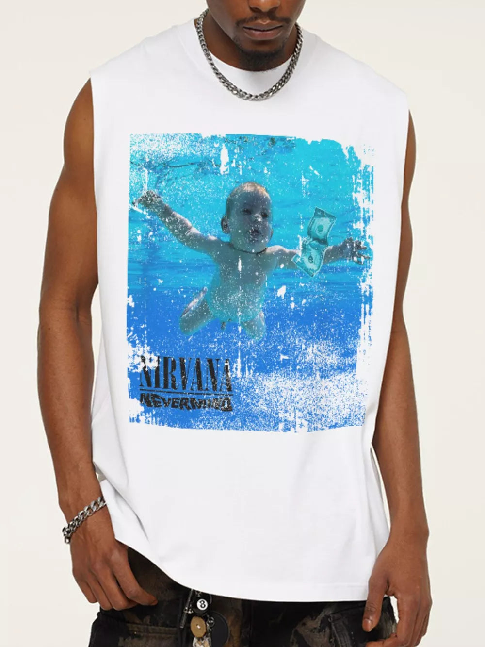 White cotton blend graphic tank top with Nirvana album art and text.
