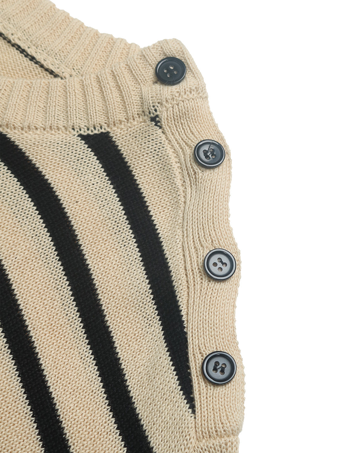 Nautical stripe sweater in pastel yellow with button shoulder detail.