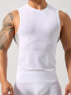 White athletic tank top with gray side panels and crew neck.