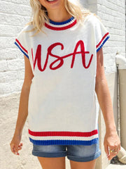 White knit sweater vest with USA embroidery and striped trim