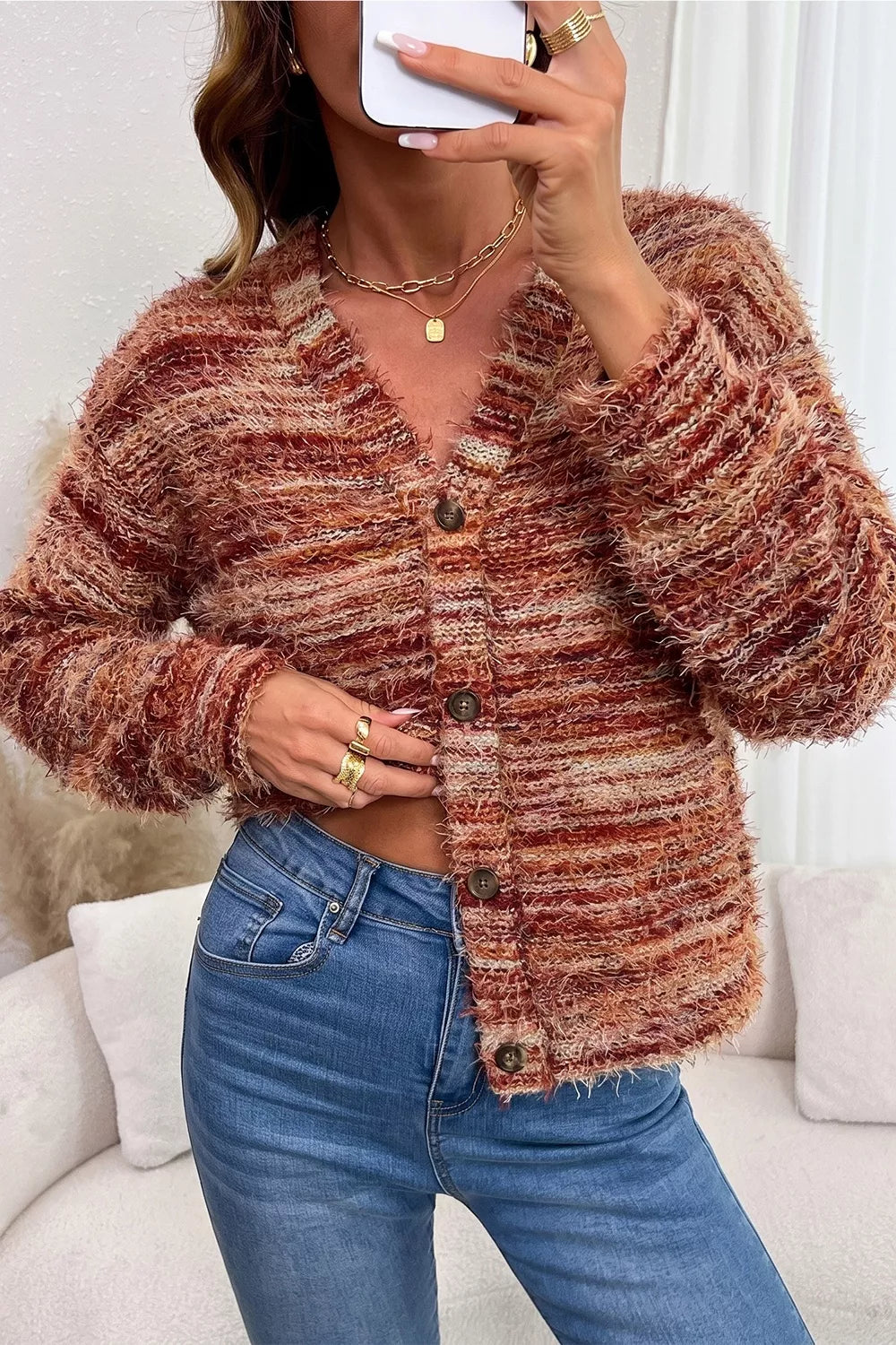Fuzzy Striped Button Front Cardigan Sweater in Rust, model styling view