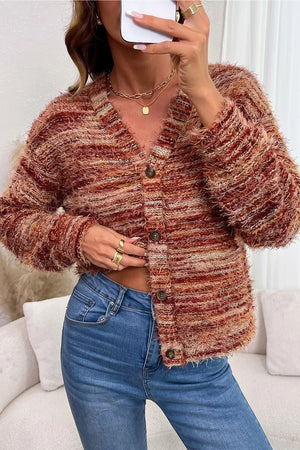 Fuzzy Striped Button Front Cardigan Sweater in Rust, model styling view
