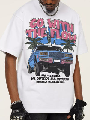 White cotton graphic tee with bold "GO WITH THE FLOW" text and car illustration.