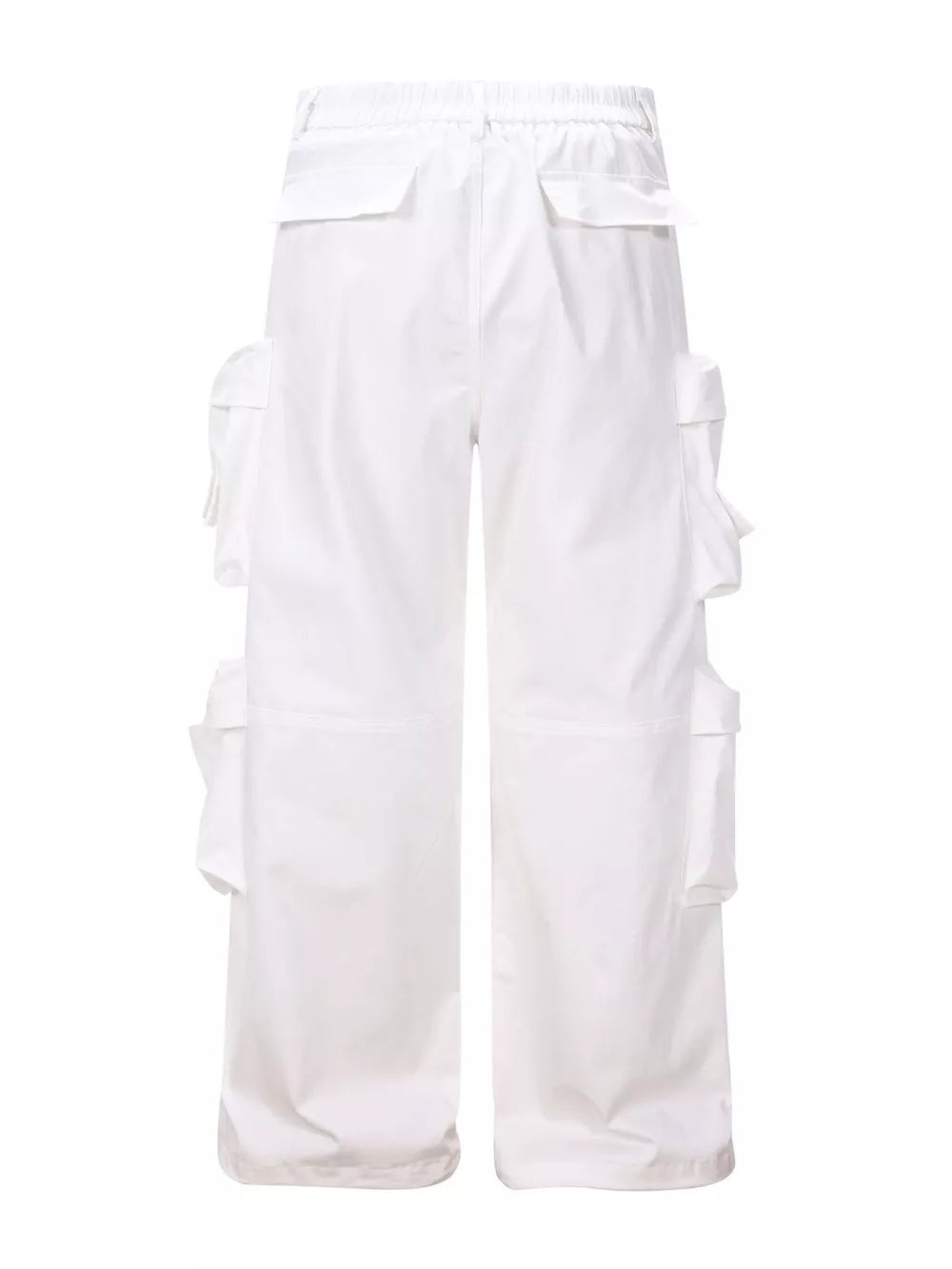 White cargo pants with multiple flap pockets and a relaxed fit.