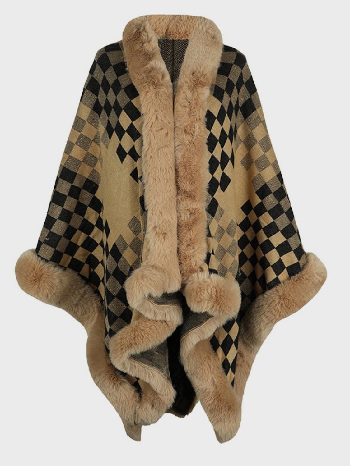 Beige checkered acrylic cape with faux fur trim and pom-poms.
