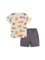 Baby t-shirt and shorts set with playful vehicle print on cream cotton and grey shorts.