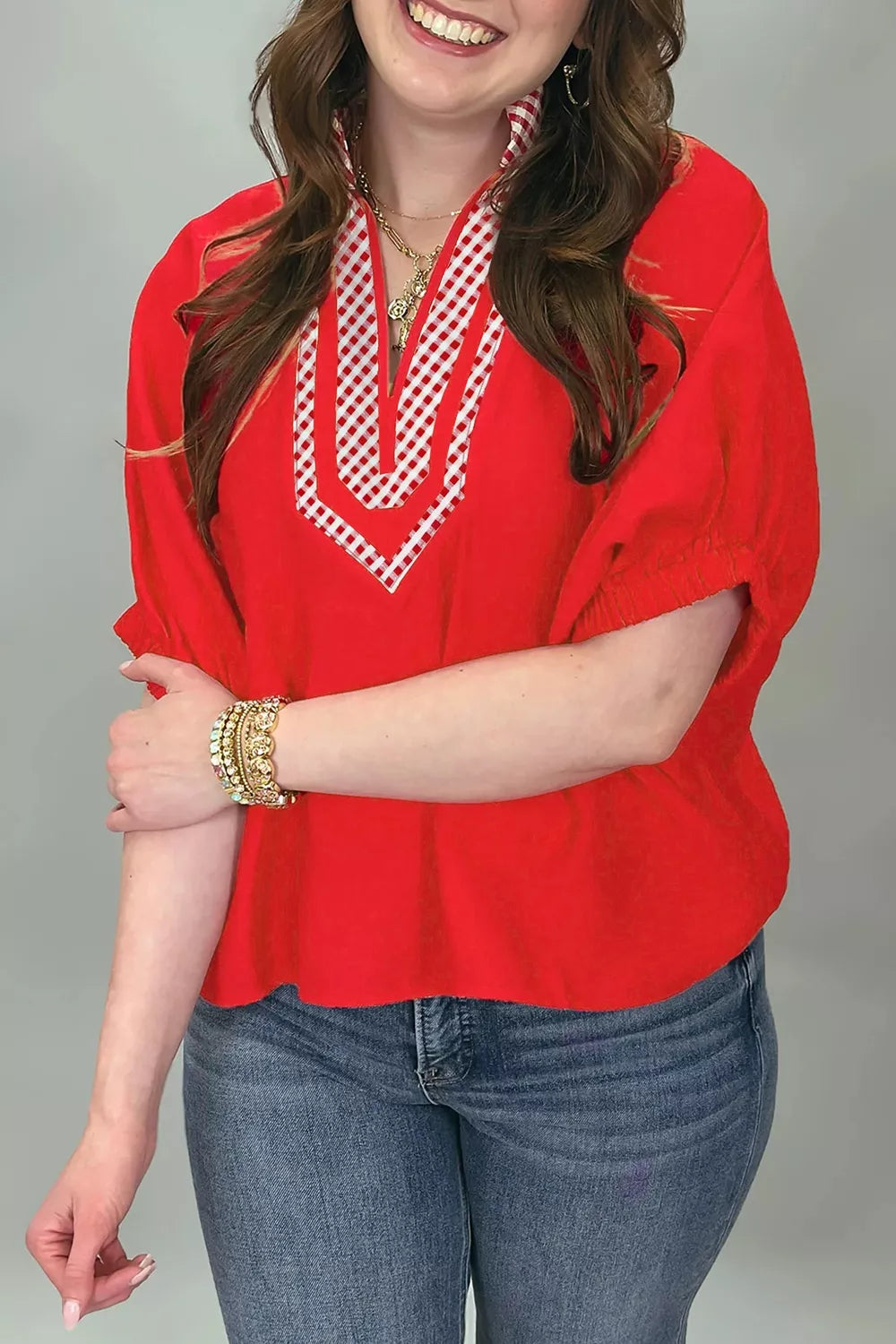 V Neck Plaid Collar Short Sleeve Tunic Blouse, fabric detail
