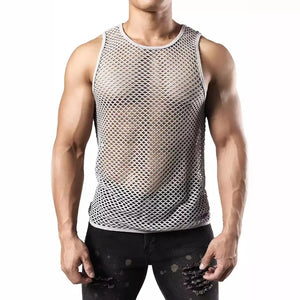 Gray open-knit muscle tank top with a round neckline and sleeveless design.