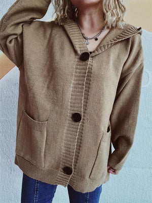 Taupe chunky knit hooded button-down cardigan with pockets and black buttons.