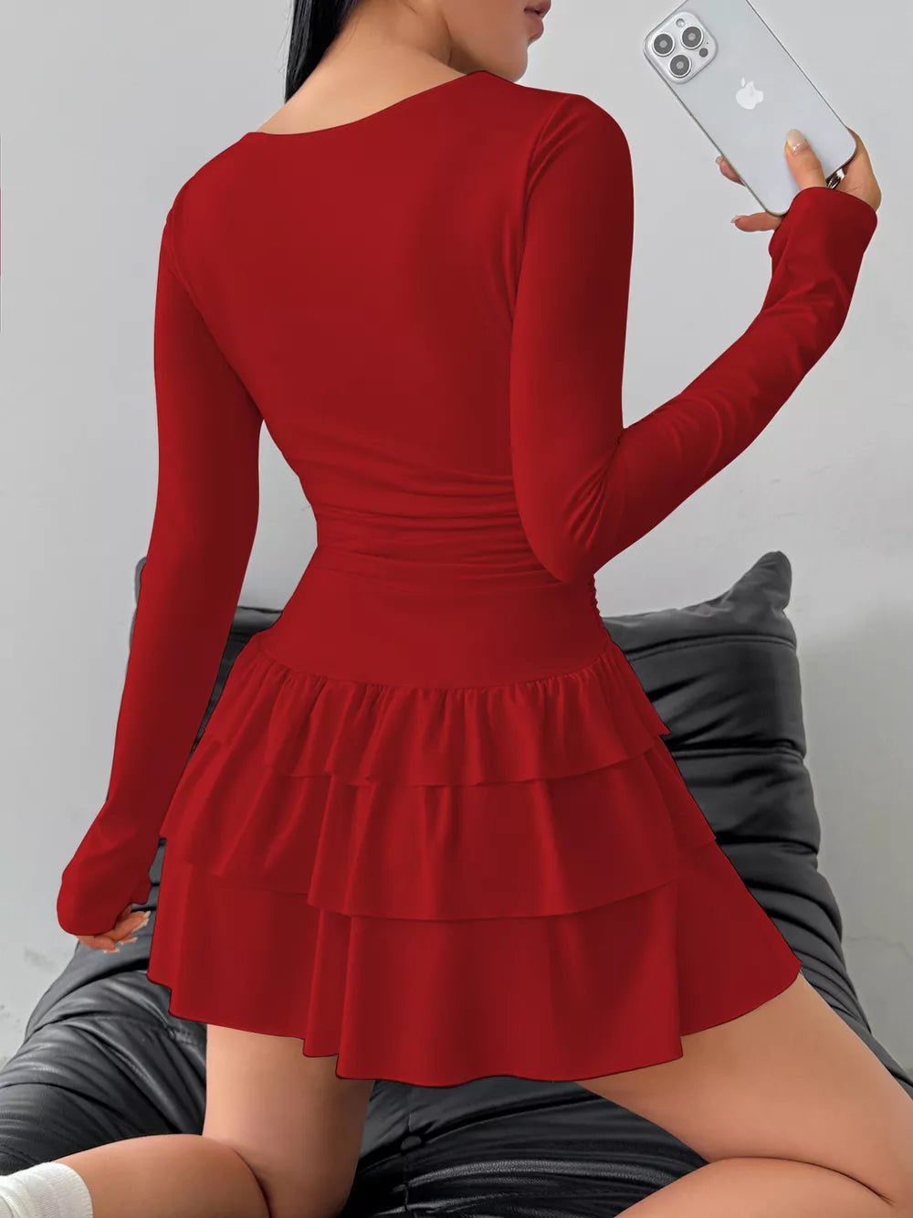 Ruched Long Sleeve Layered Ruffle Mini Dress in Red, view 16