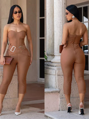 Strapless cinch-waist jumpsuit in Moss, Taupe, or Black.