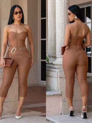 Strapless cinch-waist jumpsuit in Moss, Taupe, or Black.