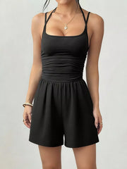 Ruched Spaghetti Strap Romper in Olive Green, view 13