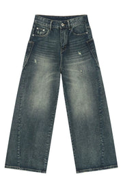 Distressed denim wide leg jeans for men in medium wash with a relaxed fit.