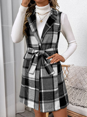 Plaid longline vest in dark gray with a belted waist and notched lapels.