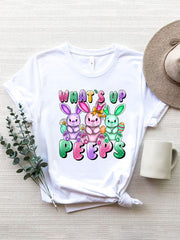 White Easter Bunny graphic tee with "What's Up Peeps" text and three colorful bunnies.