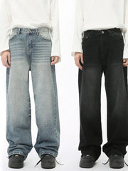 Oversized baggy denim trousers in medium wash and dark wash, wide leg, casual style
