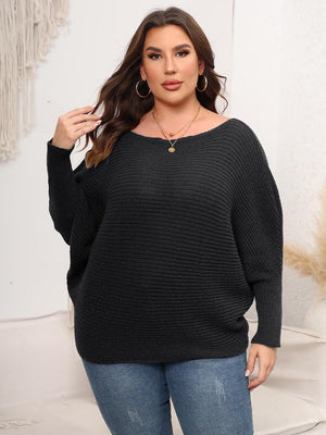 Charcoal ribbed knit off-shoulder sweater with batwing sleeves and a boat neckline.
