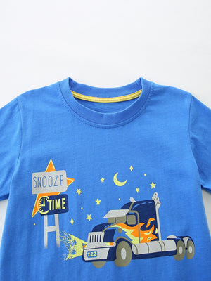 Blue cotton toddler t-shirt with playful truck graphic and snooze time sign.