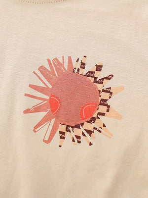 Toddler cotton set with a whimsical sun graphic in pink and beige with checkerboard accents.