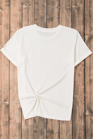 White graphic t-shirt with rolled sleeves and a knotted hem detail.