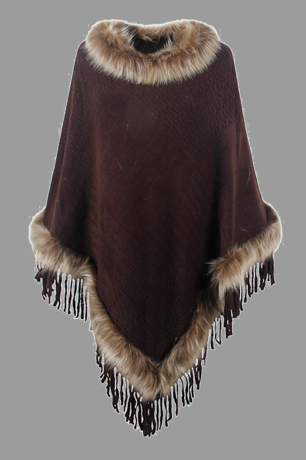 Chocolate knit poncho with faux fur trim and fringe detail