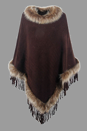 Chocolate knit poncho with faux fur trim and fringe detail