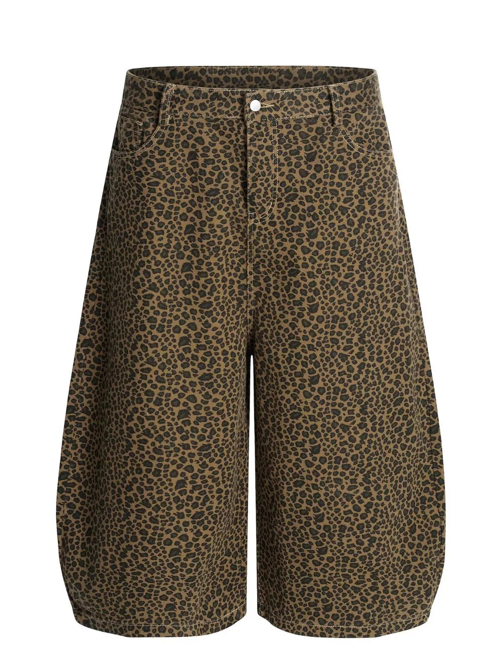 Men's brown leopard print wide-leg capri track pants with pockets.