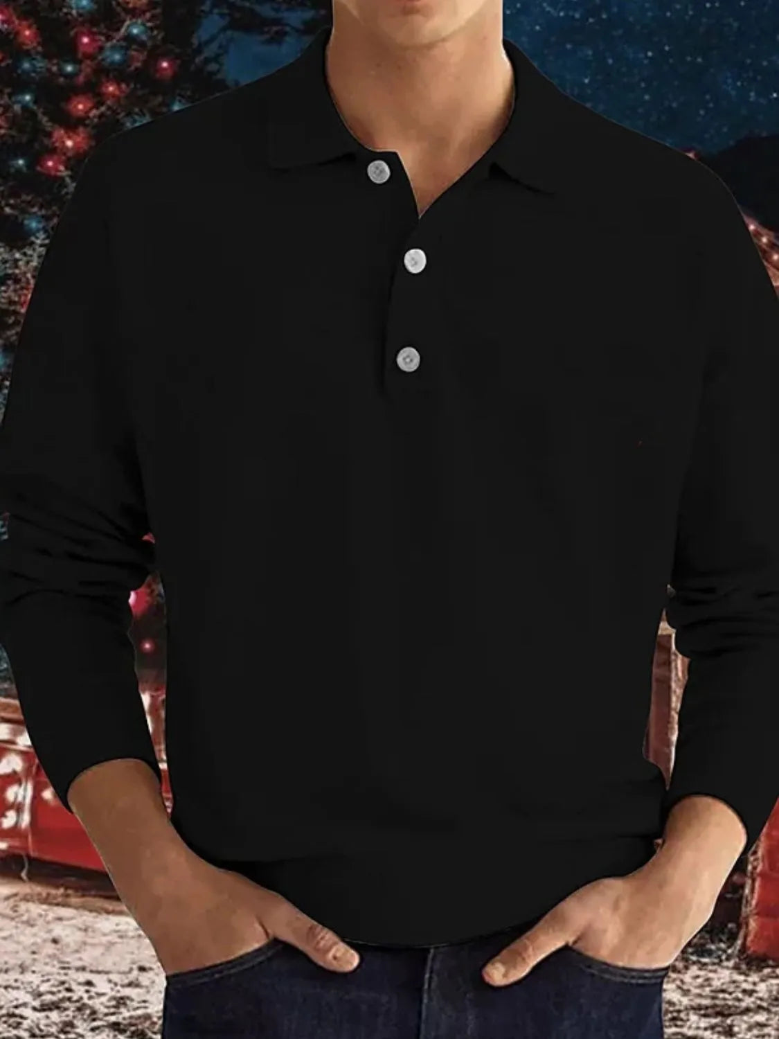 Black long sleeve knit polo shirt with three button placket and collar