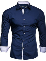 Men's slim fit navy blue cotton blend shirt with white contrast trim on collar and cuffs.