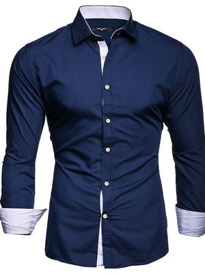 Men's slim fit navy blue cotton blend shirt with white contrast trim on collar and cuffs.