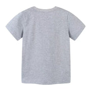 Gray cotton crew neck toddler t-shirt with short sleeves and a playful airplane graphic on the front.