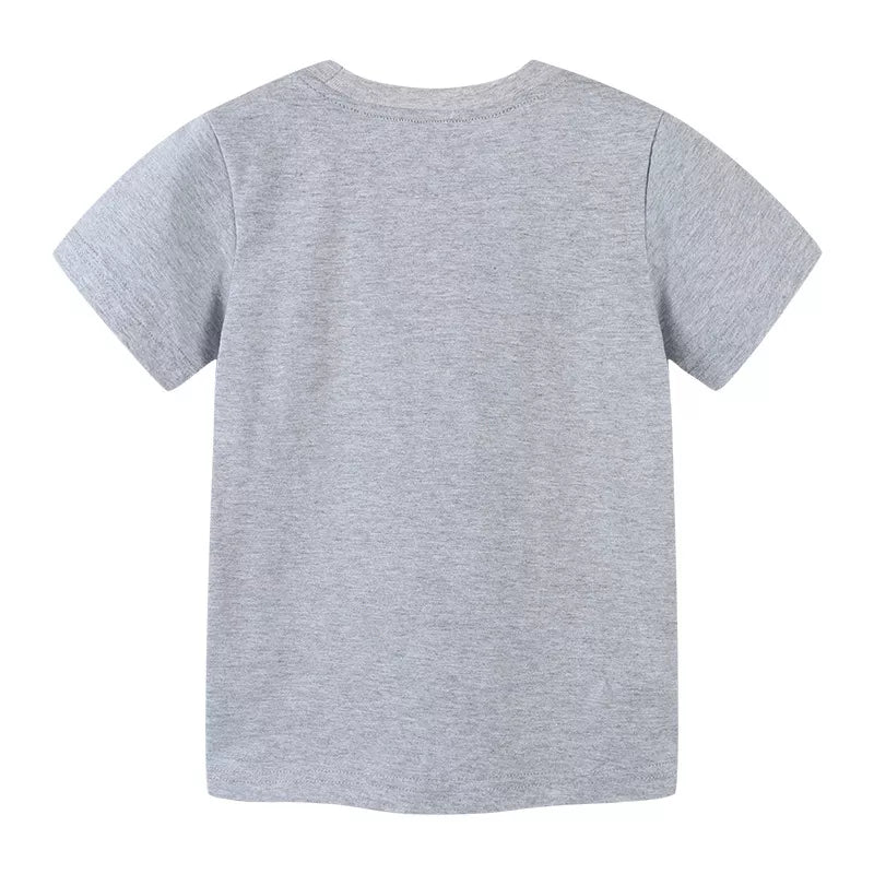 Gray cotton crew neck toddler t-shirt with short sleeves and a playful airplane graphic on the front.
