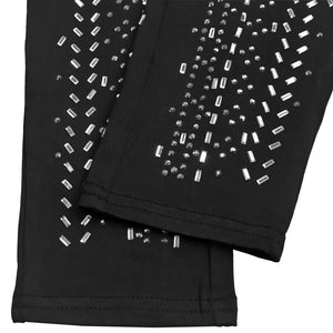 Black polyester romper with scattered rectangular and round rhinestones.