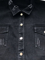 Black denim shirtdress with distressed collar and pocket details.