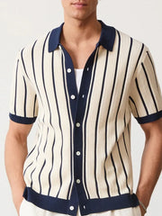 Textured stripe knit polo shirt in navy with contrast trim and button front.