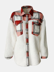 Plaid and sherpa hybrid shacket with button front and chest pockets.