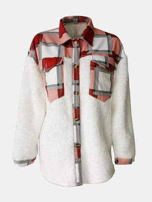 Plaid and sherpa hybrid shacket with button front and chest pockets.
