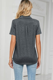 Dark gray V-neck polo tee with short sleeves and a back yoke detail.