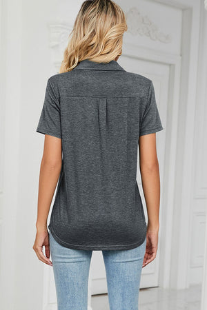 Dark gray V-neck polo tee with short sleeves and a back yoke detail.