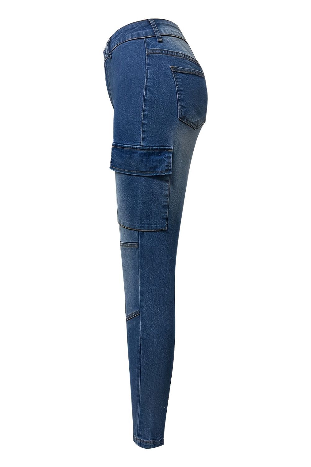 Medium wash skinny jeans with cargo pockets and a cotton blend.