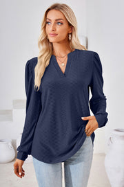 Dark blue textured blouse with bishop sleeves and V-neck