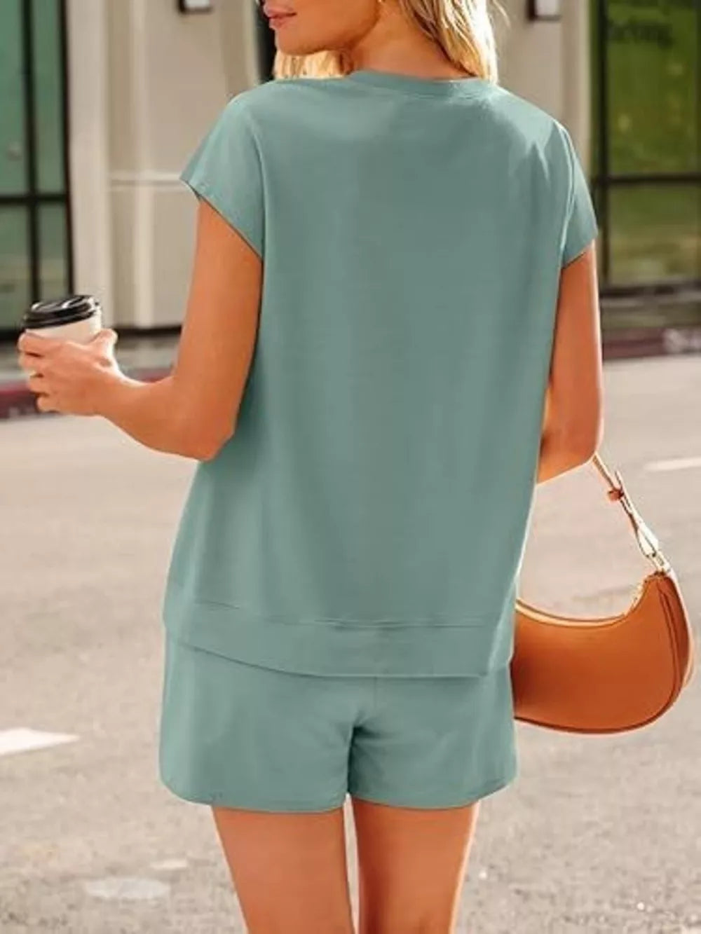 Button Detail Short Sleeve Top And Shorts Set in Lavender Purple, side view