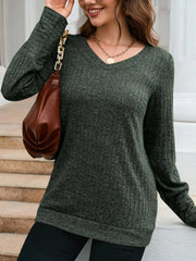 Textured gray V-neck long-sleeve knit sweater with a relaxed fit.