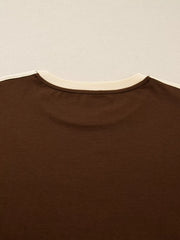 Dark brown long-sleeve t-shirt with cream contrast crew neck and trim