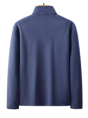 Men's blue fleece quarter zip sweatshirt with a mock neck.