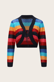 Rainbow crochet bolero jacket with tie-front detail and open knit stripes.