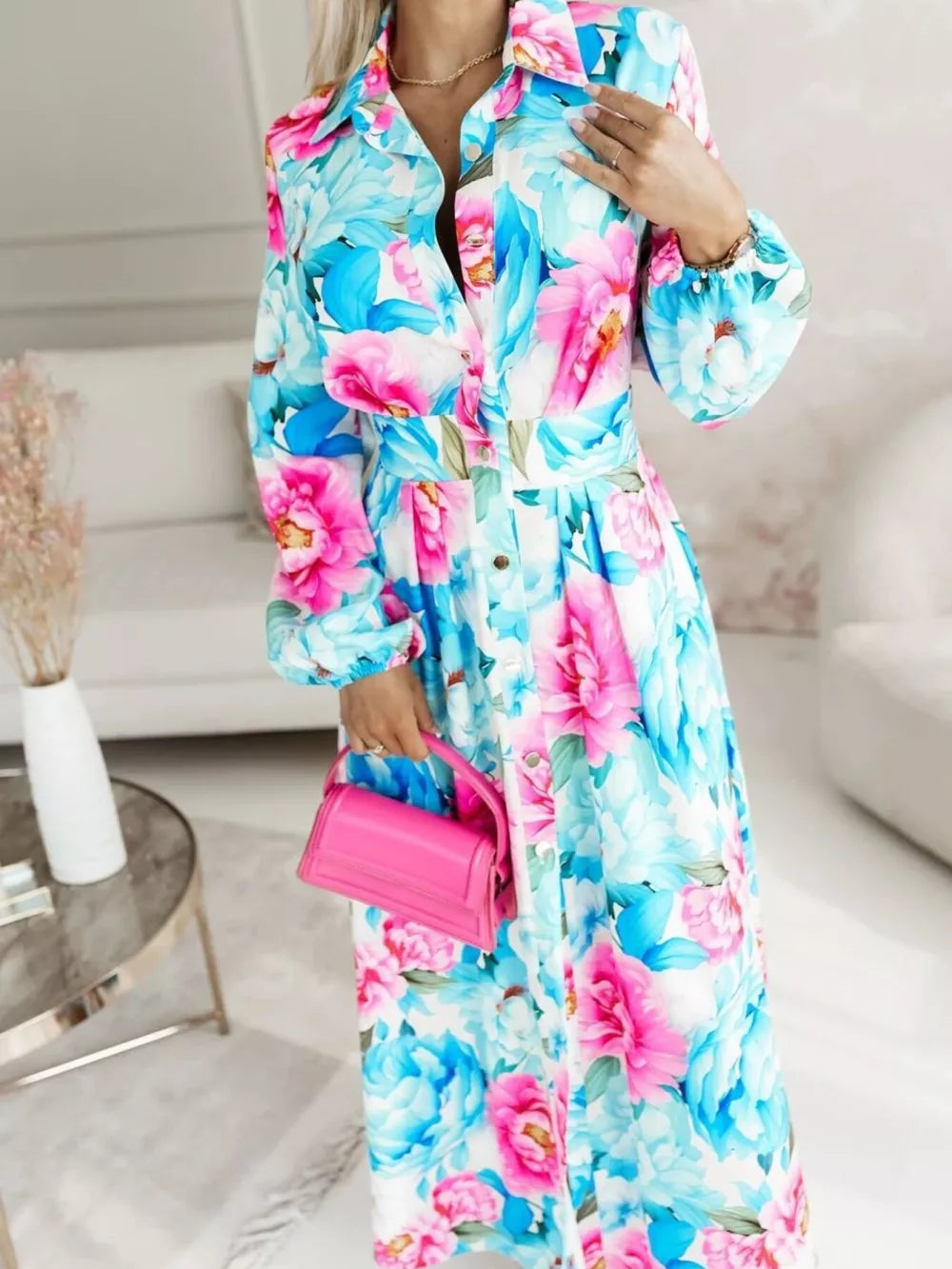 Long Sleeve Maxi Shirt Dress in Pastel Blue, fabric detail